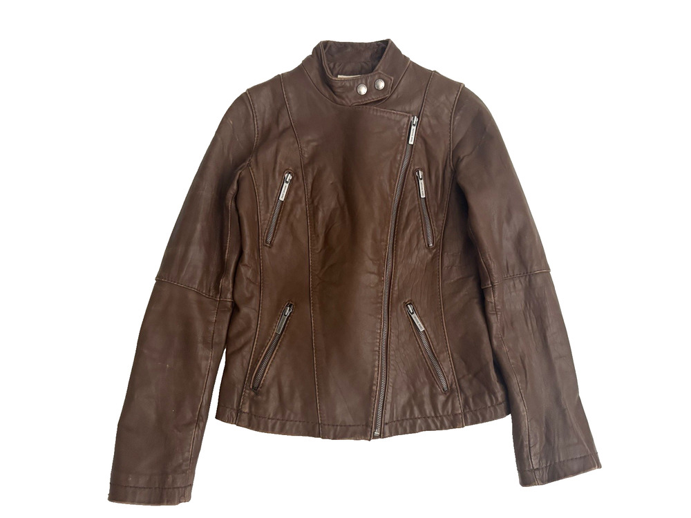 Michael Kors Leather Moto Jacket S Brown Asymmetrical Zip Pockets Robust Patina